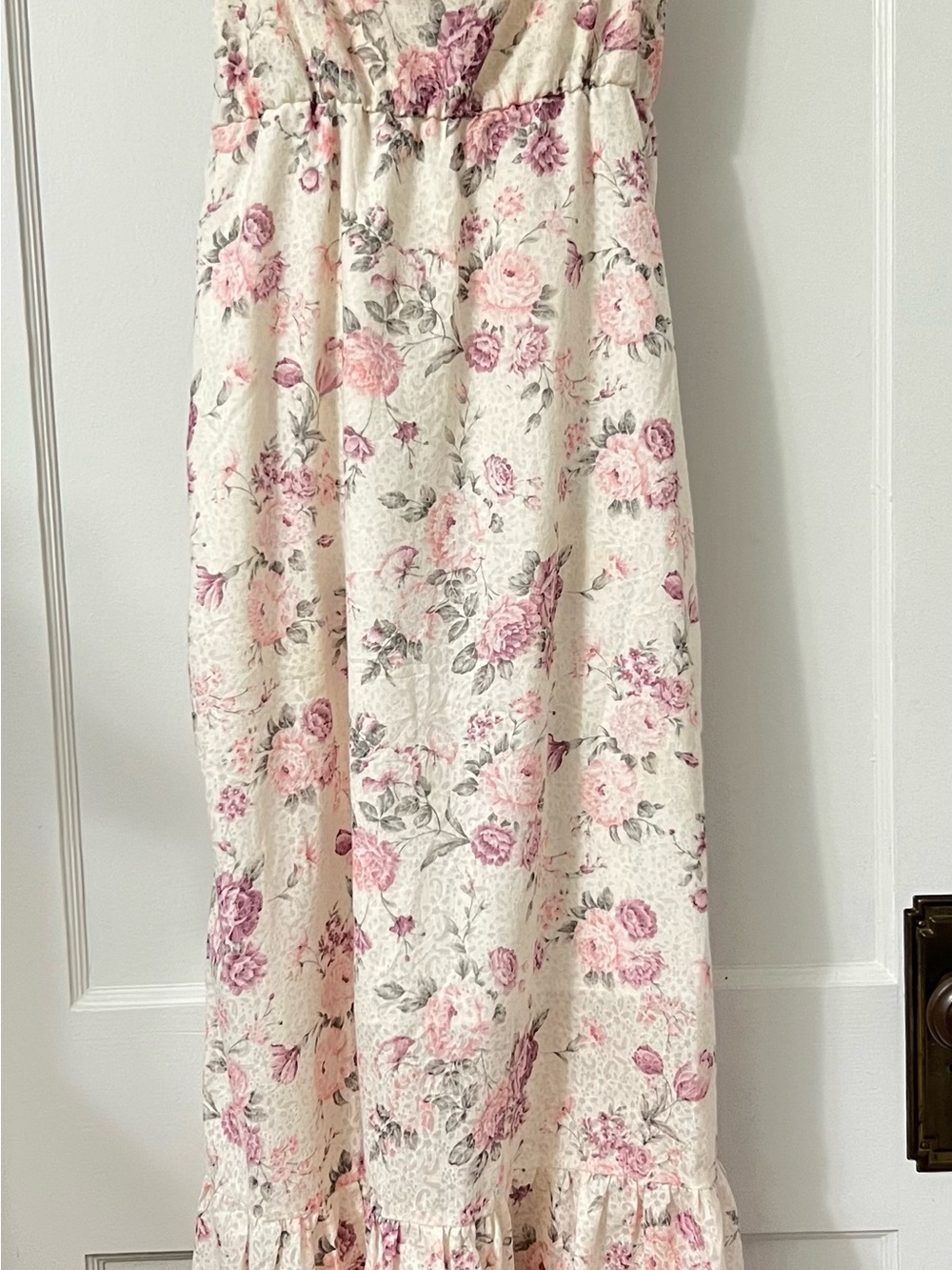 Soft Cream Maxi Dress with Pink Floral Print and Ruffle Hem